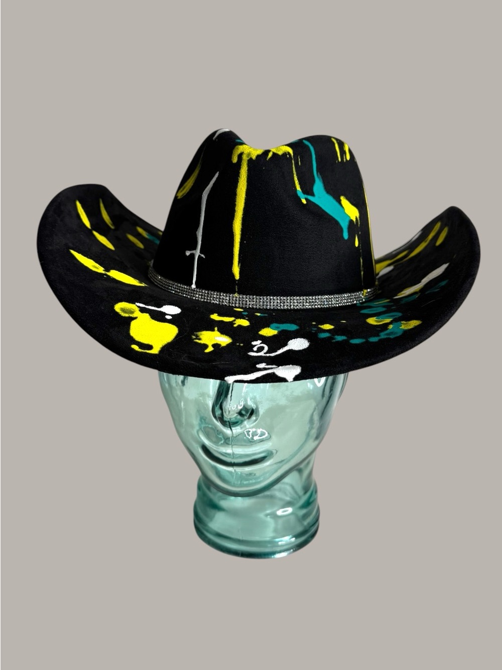 Black Cowboy Hat with Yellow & Teal Paint-Splash Accents